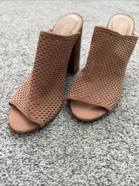 ALDO Brown Perforated Open-Toe Block Heel Mules